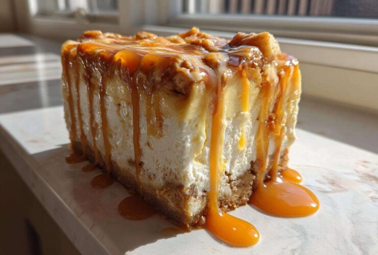 A thick slice of apple pie cheesecake dripping with rich caramel sauce, set against a bright window.