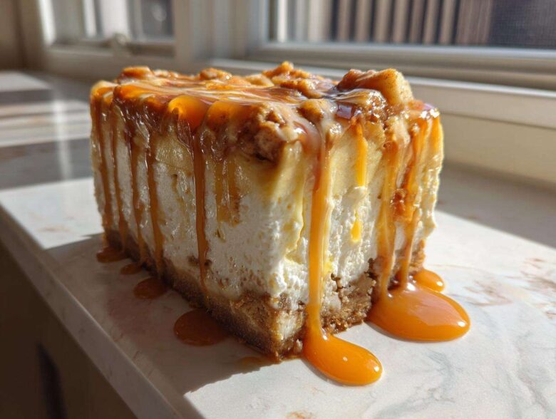 A thick slice of apple pie cheesecake dripping with rich caramel sauce, set against a bright window.