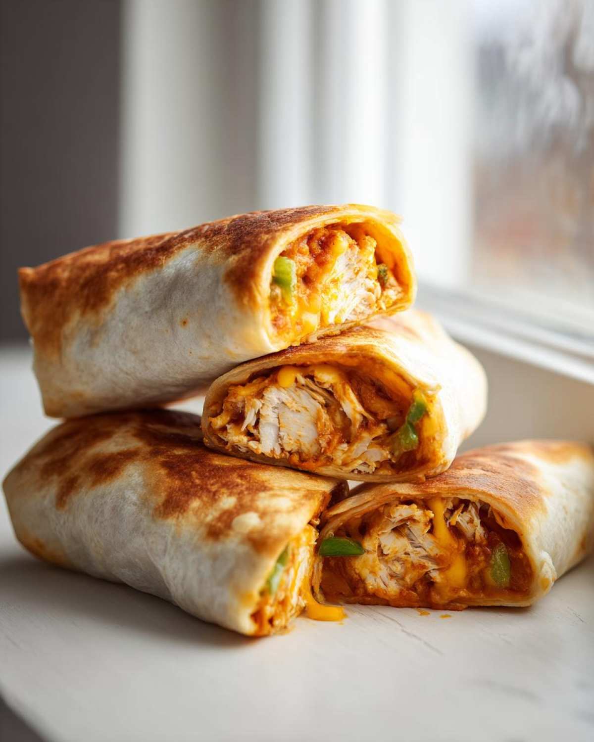Four baked chicken Chimichangas stacked, showing the shredded chicken and melted cheese filling.