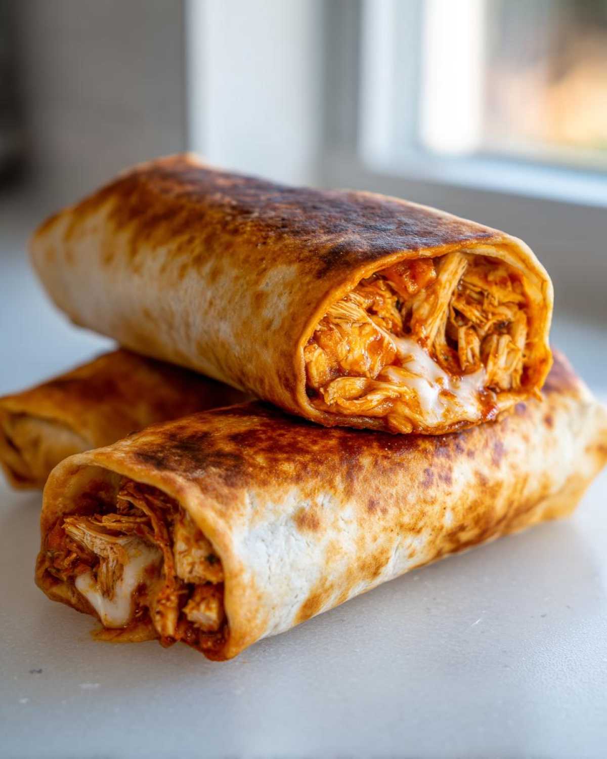 Close-up of two golden brown baked Chimichangas stacked, showing shredded chicken and melted cheese filling.