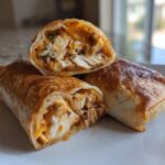 Close-up of baked Chimichangas on a white plate, one cut in half revealing shredded chicken and melted cheese filling.