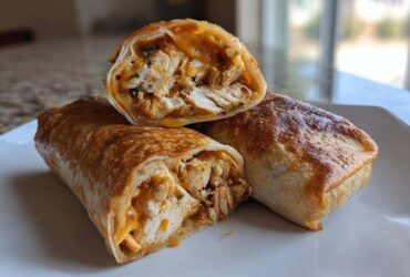 Close-up of baked Chimichangas on a white plate, one cut in half revealing shredded chicken and melted cheese filling.