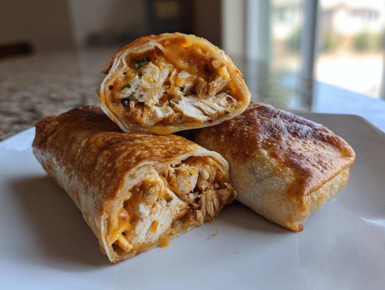 Close-up of baked Chimichangas on a white plate, one cut in half revealing shredded chicken and melted cheese filling.