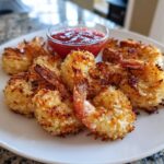 A plate of perfectly baked coconut shrimp served with a small bowl of sweet chili dipping sauce.