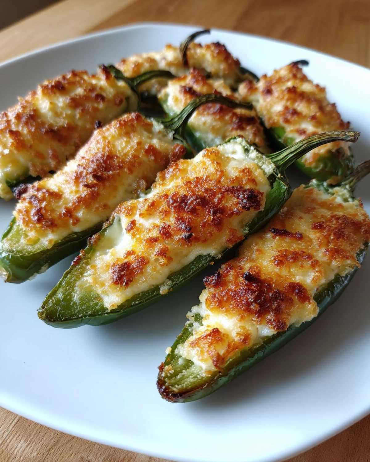 Close-up of several baked jalapeño poppers filled with cheese and topped with a golden-brown crust.