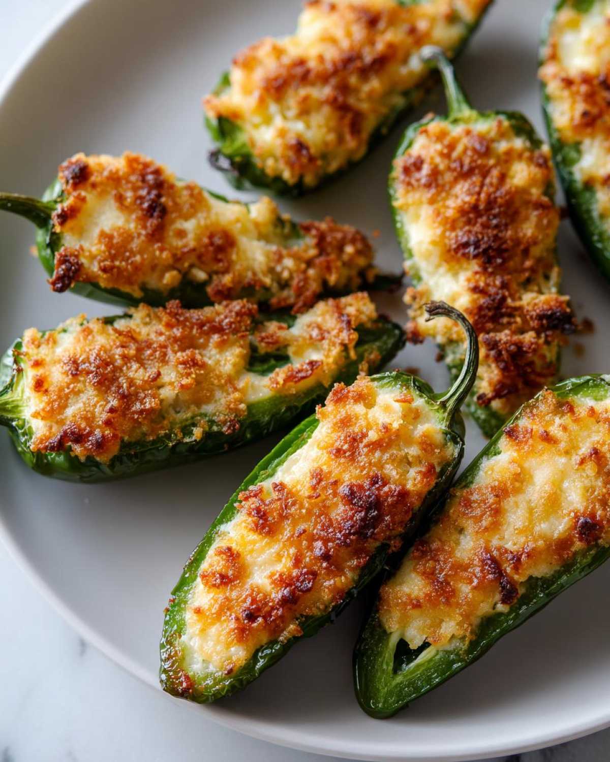 Close-up of baked jalapeño poppers stuffed with cheese and topped with a crispy, golden-brown crust.
