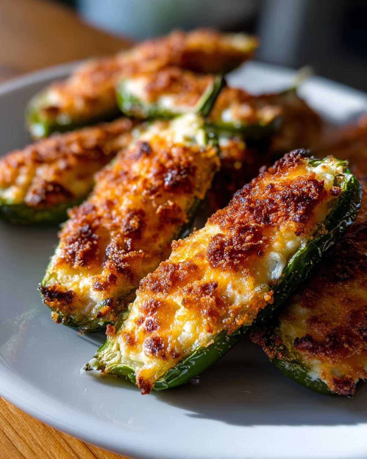 Close-up of baked jalapeño poppers stuffed with cheese and topped with a crispy, browned crust.