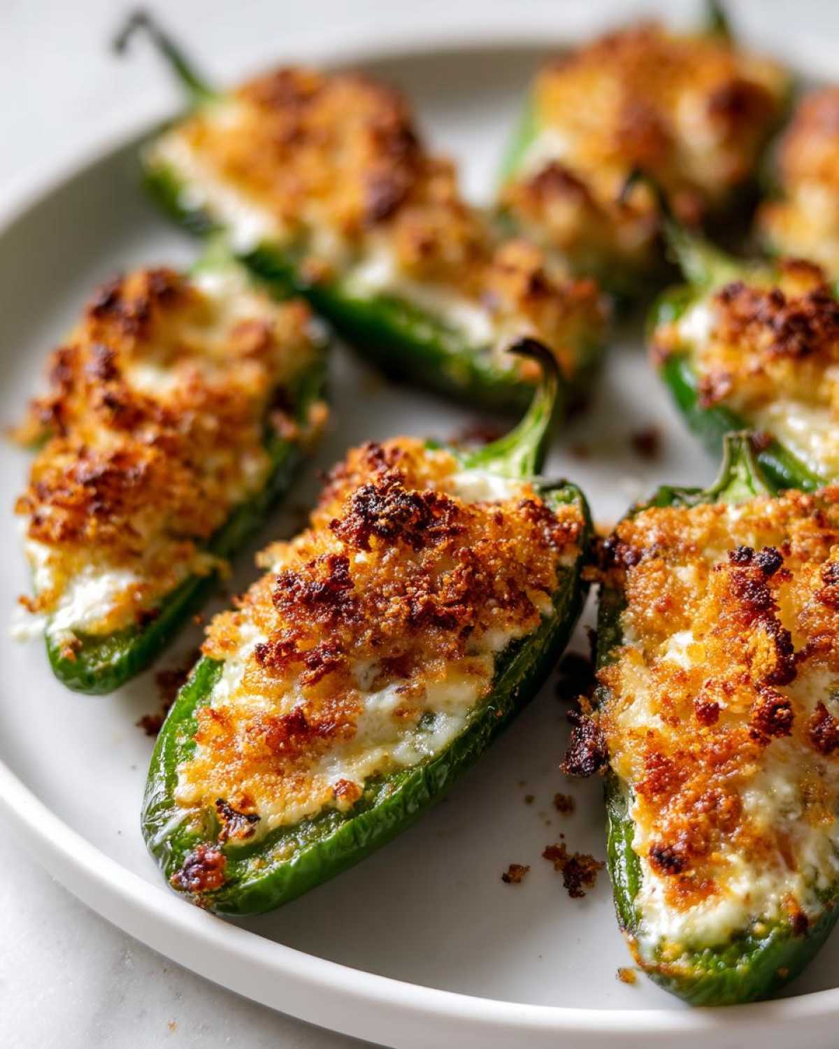 Close-up of baked Jalapeño poppers stuffed with creamy filling and topped with crispy, golden-brown breadcrumbs.
