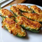 Close-up of several baked Jalapeño poppers stuffed with cheese and topped with a golden, crispy breadcrumb crust.