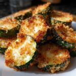 Close-up of several golden-brown, crispy baked parmesan zucchini slices piled on a white plate.