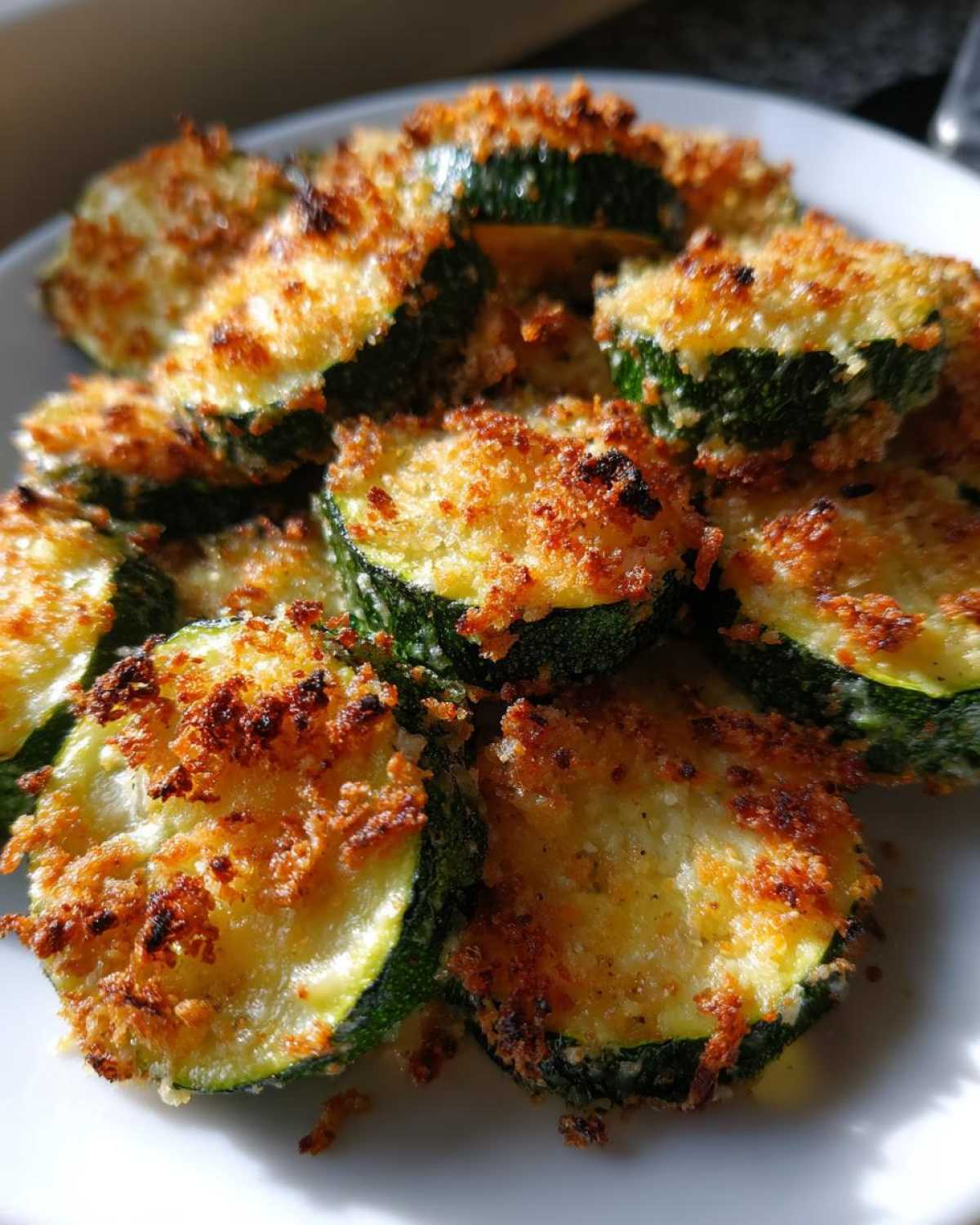 Close-up of golden brown, crispy baked parmesan zucchini slices piled on a white plate.