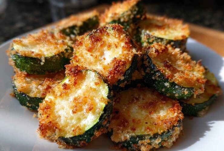 Close-up of several golden-brown, crispy baked parmesan zucchini slices piled on a white plate.