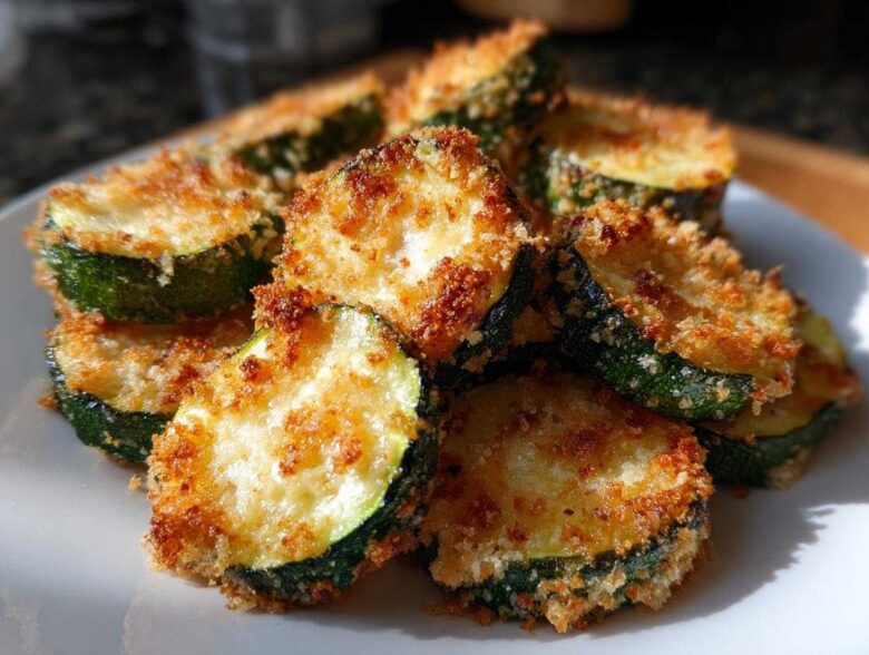 Close-up of several golden-brown, crispy baked parmesan zucchini slices piled on a white plate.