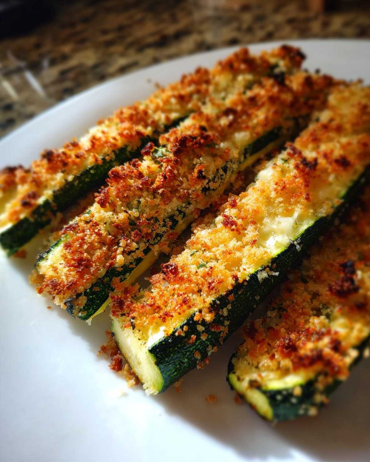 Close-up of four golden brown baked parmesan zucchini sticks with a crunchy topping served on a white plate.