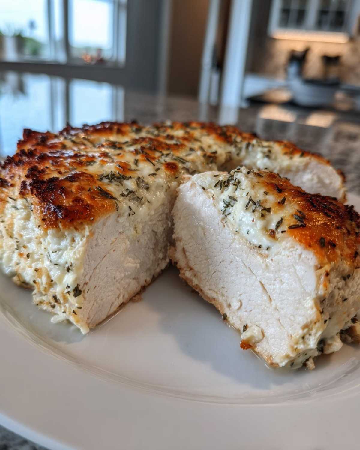 Cross section of juicy baked ranch chicken showing the white interior and cheesy, herbed topping.