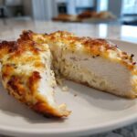Cross-section view showing the moist interior of baked ranch chicken topped with melted, browned cheese.