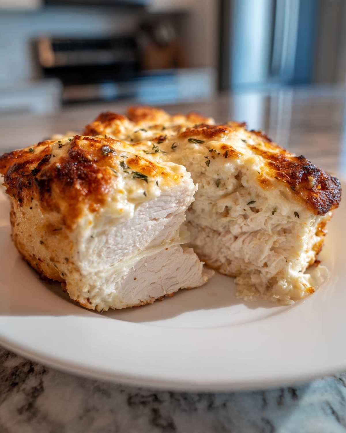 Cross-section of juicy baked ranch chicken breast covered in a golden, cheesy ranch topping.