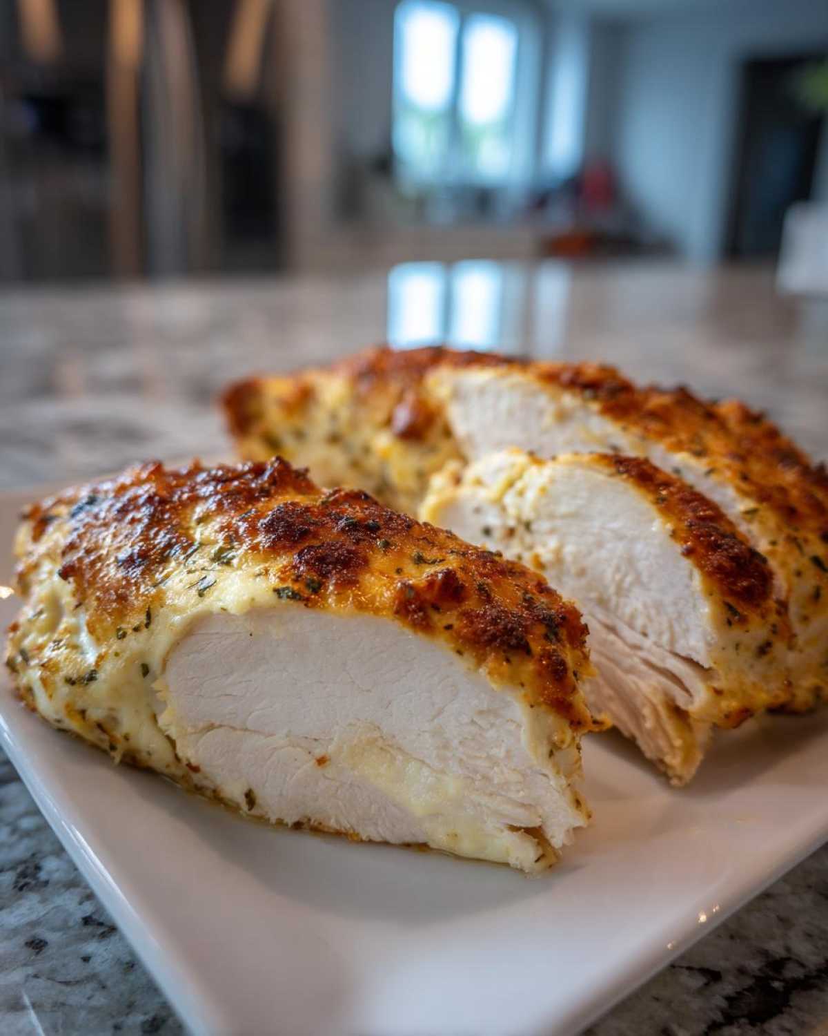 Cross-section of baked ranch chicken showing juicy white meat and a golden, cheesy ranch topping.