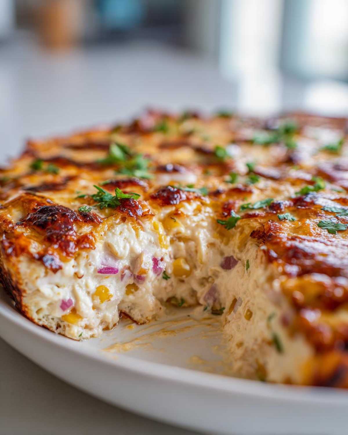 Close-up of a baked street corn dip, creamy inside with corn and red onion, topped with browned cheese and parsley.