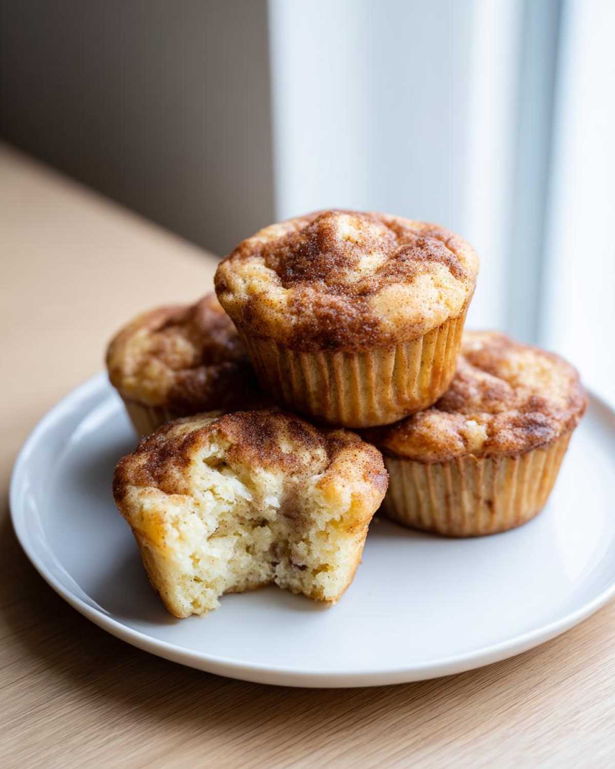 A stack of four banana protein muffins with a cinnamon streusel top, one muffin has a bite taken out showing the texture.