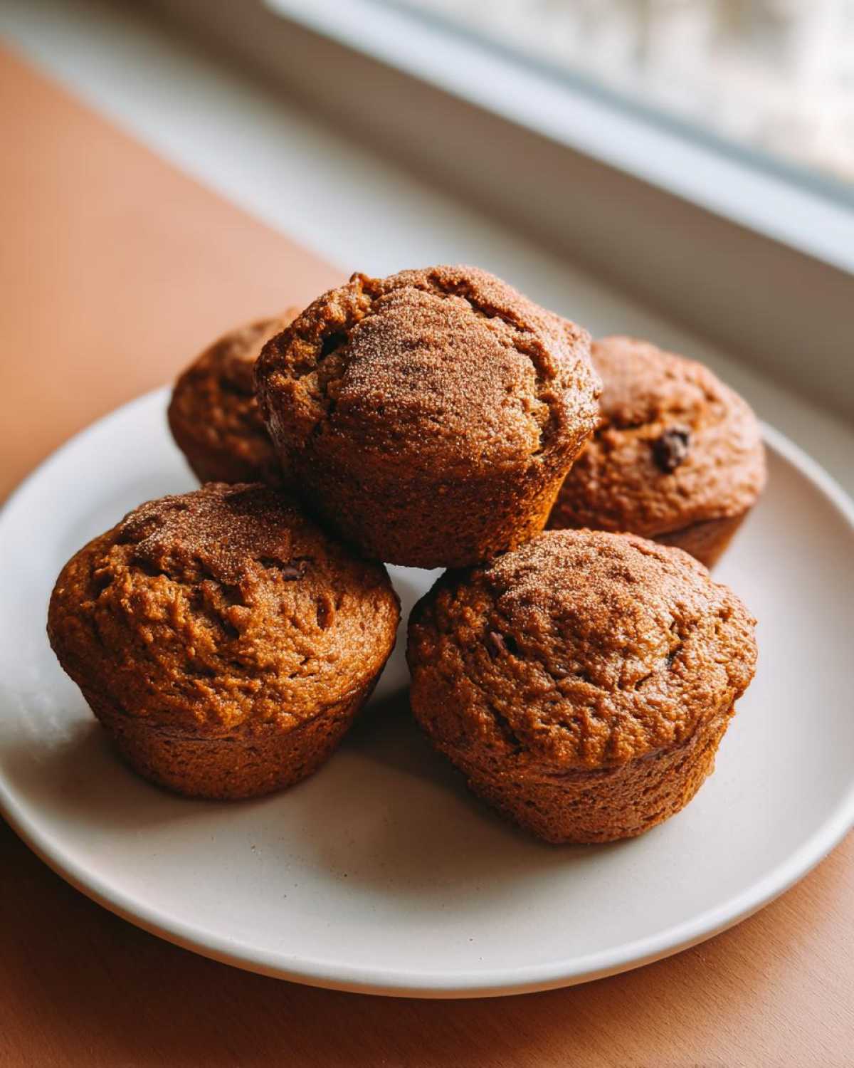 A close-up of four rich, brown banana protein muffins stacked slightly on a light plate, dusted with cinnamon sugar.