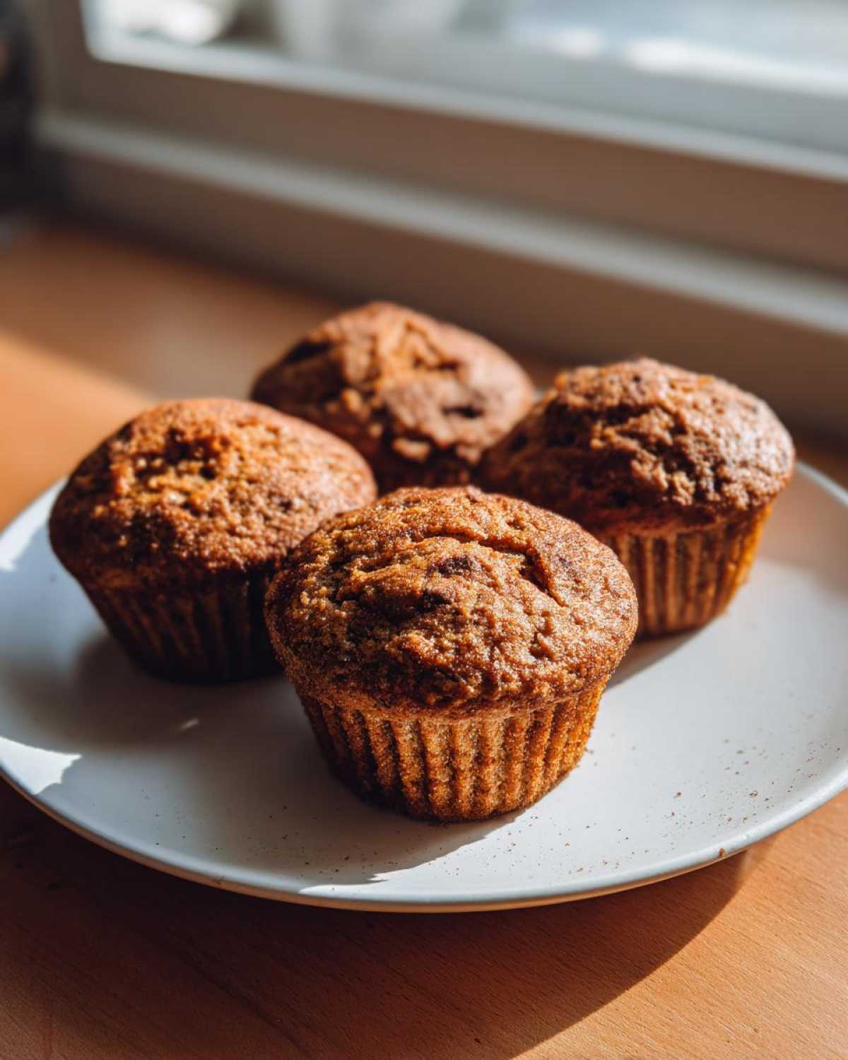 Four freshly baked banana protein muffins resting on a light speckled plate near a window.