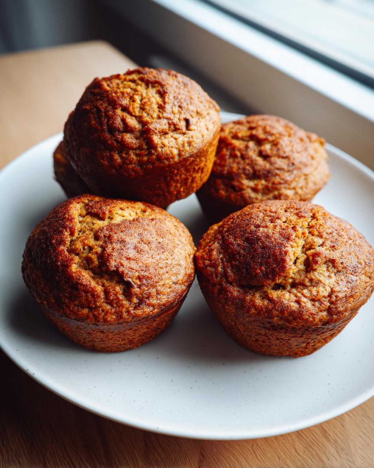 Four freshly baked banana protein muffins with golden-brown tops stacked on a light speckled plate.