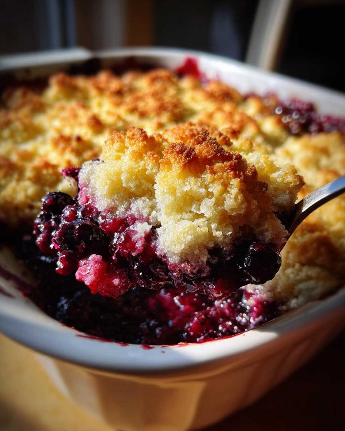A spoonful of warm berry cobbler showing juicy berries and golden crumb topping being lifted from a white baking dish.