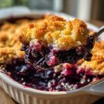 A spoonful of warm, bubbling berry cobbler showing rich purple filling and golden crumb topping.