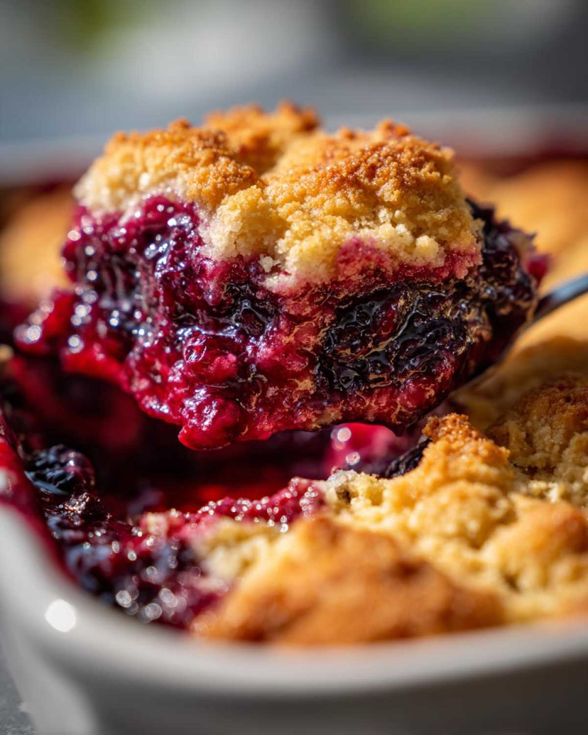Close-up of a spoonful of juicy, bubbling berry cobbler being lifted from the dish, showing the golden crust.