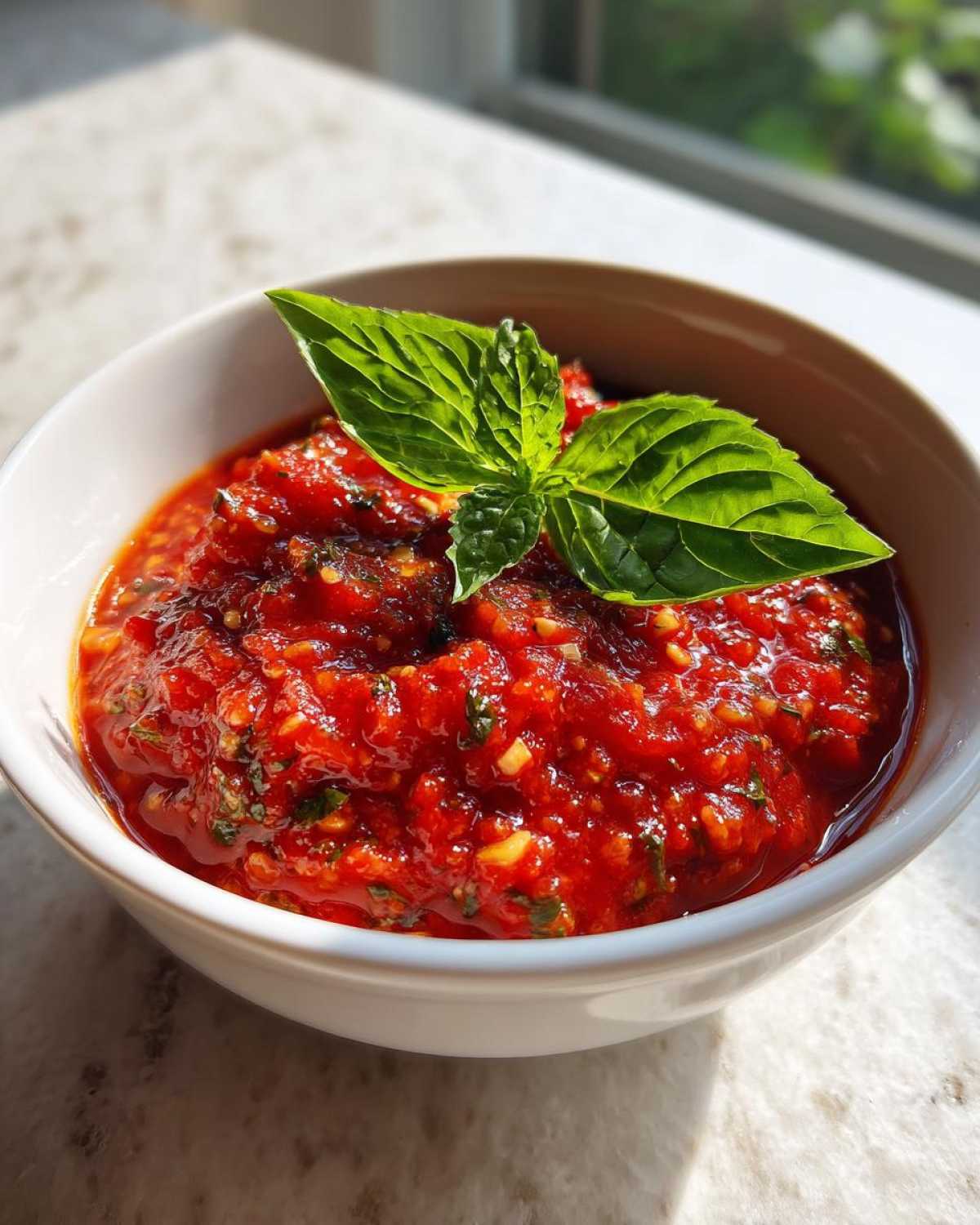 Close-up of vibrant red homemade pizza sauce topped with fresh basil leaves in a white bowl.