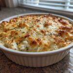 A close-up of a freshly baked hot crab dip with a golden, bubbly cheese topping in a white ramekin.