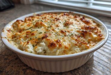 A close-up of a freshly baked hot crab dip with a golden, bubbly cheese topping in a white ramekin.