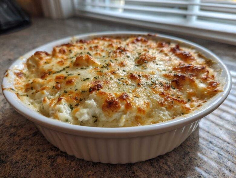 A close-up of a freshly baked hot crab dip with a golden, bubbly cheese topping in a white ramekin.