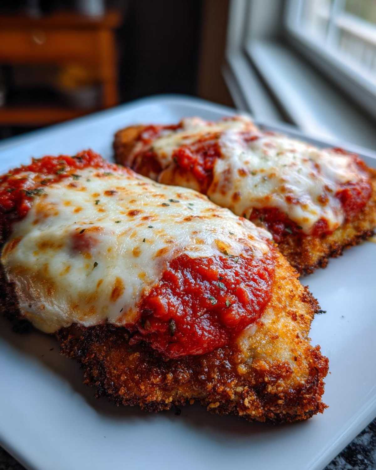 Two servings of crispy, golden brown chicken parmesan recipe topped with bright red marinara sauce and melted mozzarella cheese.