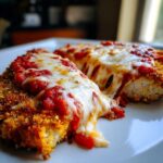 Close-up of two servings of crispy chicken parmesan recipe topped with bright red sauce and gooey, melted mozzarella cheese.