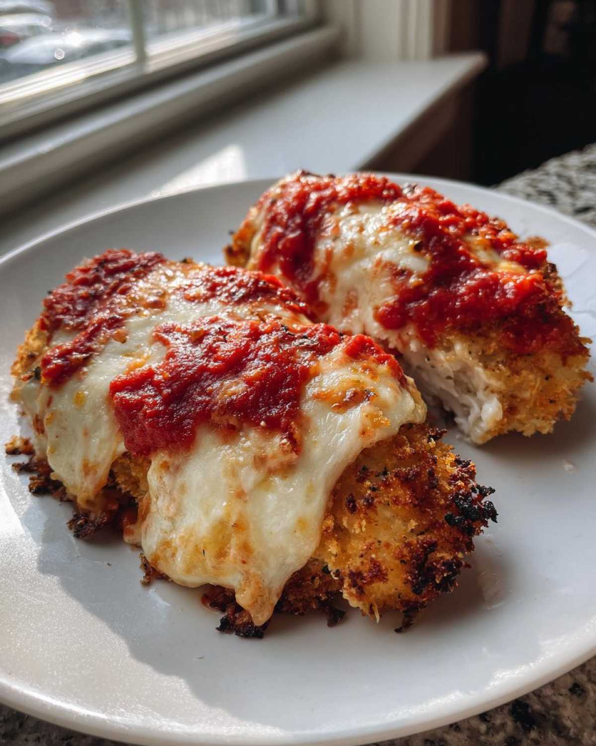 Two golden, breaded cutlets of chicken parmesan recipe topped with melted mozzarella and rich marinara sauce on a white plate.