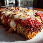 Close-up of a thick slice of baked chicken parmesan recipe topped with rich marinara sauce and melted mozzarella cheese.