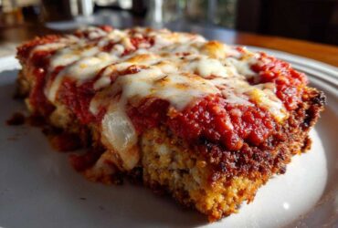 Close-up of a thick slice of baked chicken parmesan recipe topped with rich marinara sauce and melted mozzarella cheese.