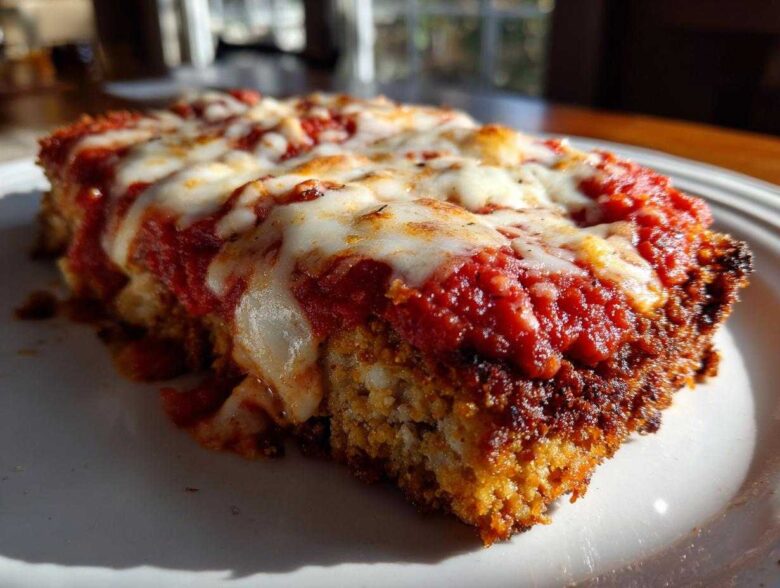 Close-up of a thick slice of baked chicken parmesan recipe topped with rich marinara sauce and melted mozzarella cheese.