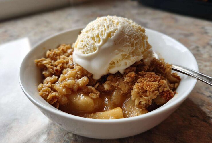 A warm bowl of homemade apple crumble topped with a melting scoop of vanilla ice cream.