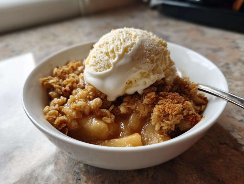 A warm bowl of homemade apple crumble topped with a melting scoop of vanilla ice cream.