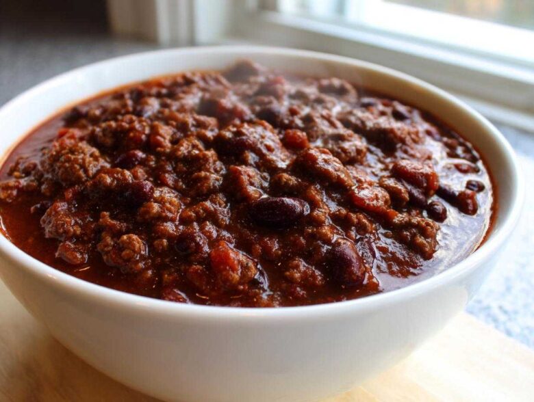 Close-up of a steaming white bowl filled with the best chili recipe, featuring rich ground beef and kidney beans.