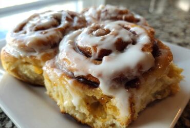 Two freshly baked, gooey cinnamon roll pastries covered in thick white icing, sitting on a white plate.