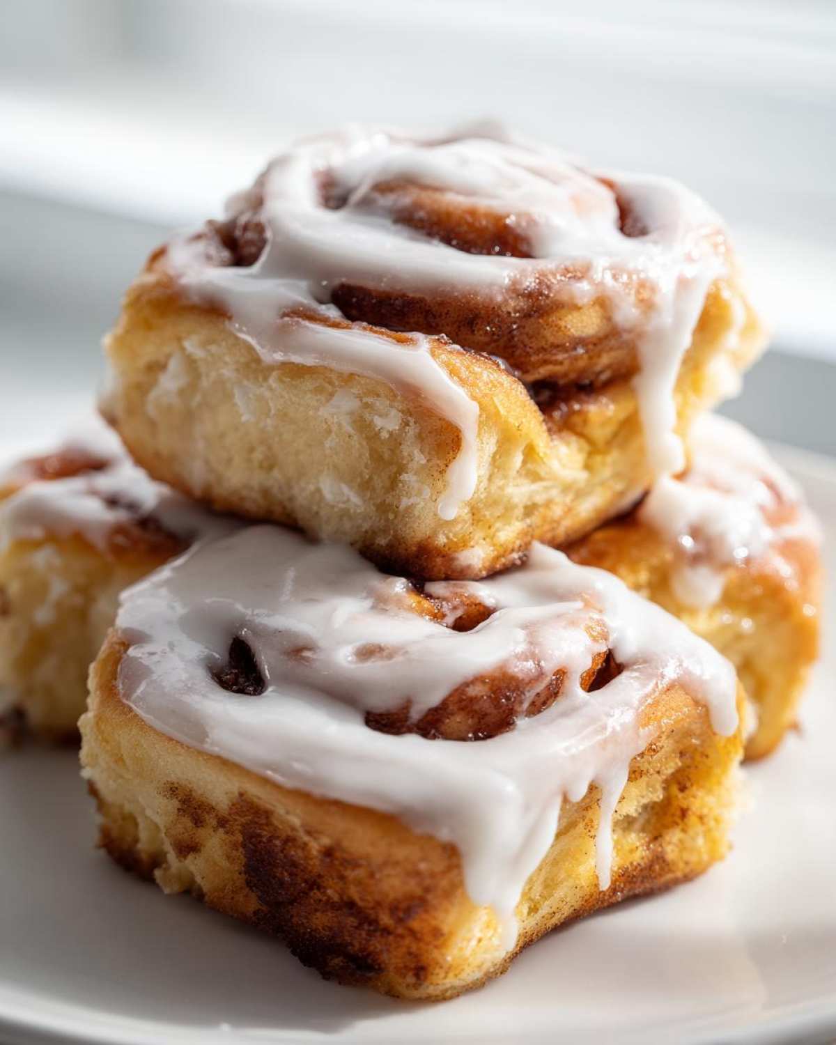 Close-up of a stack of three fluffy, freshly baked cinnamon roll pastries topped with dripping white icing.