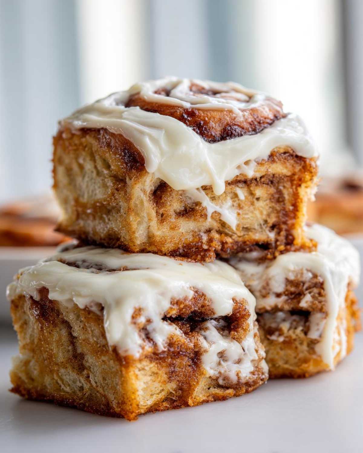 Close-up of a stack of three gooey, freshly baked cinnamon roll pieces topped with thick white cream cheese frosting.