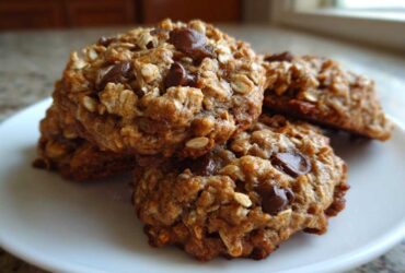 A stack of thick, chewy chocolate chip oatmeal cookie treats piled on a white plate.