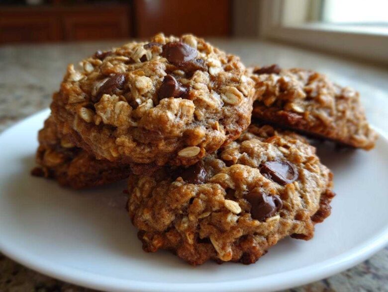 A stack of thick, chewy chocolate chip oatmeal cookie treats piled on a white plate.