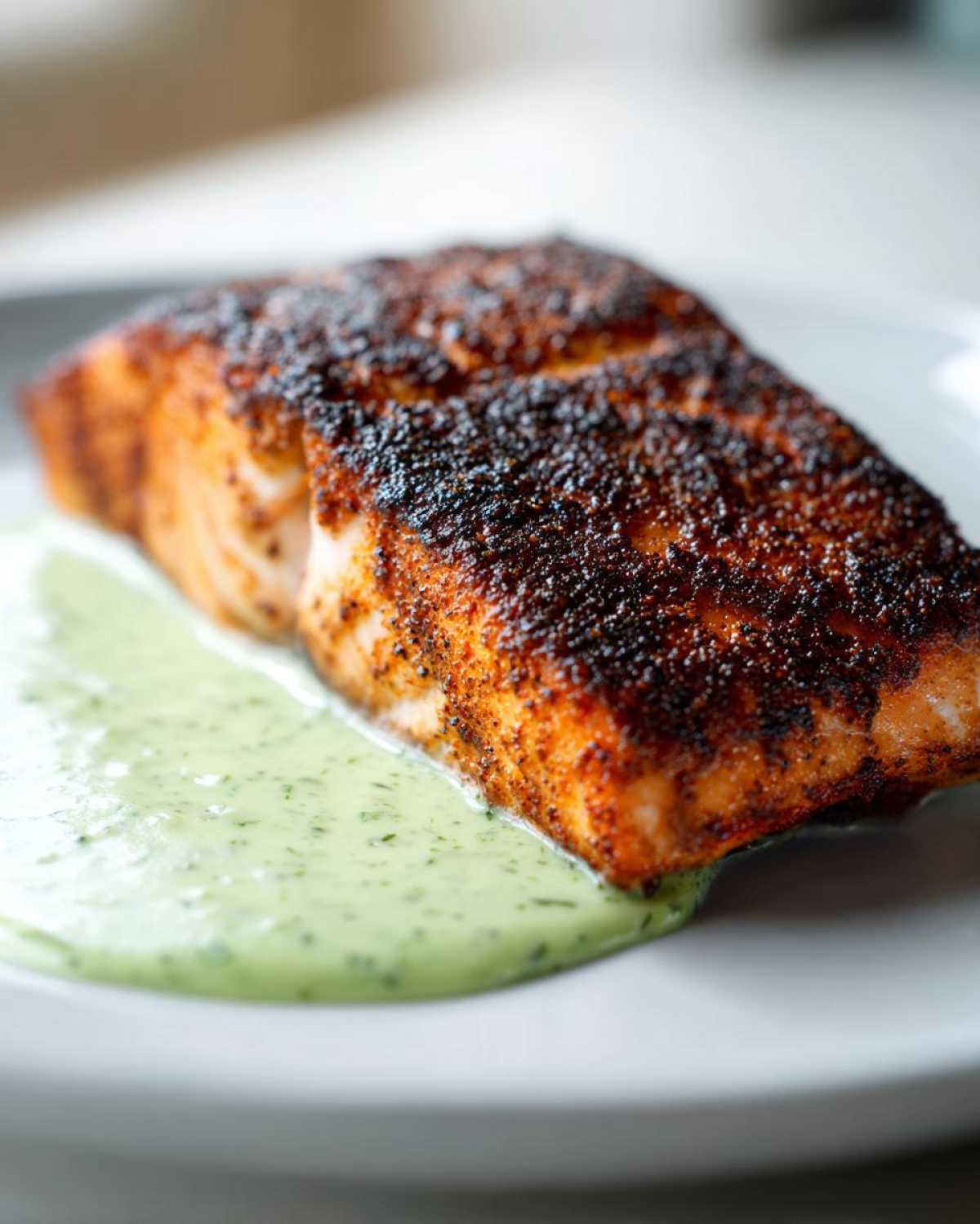 Close-up of a perfectly cooked blackened salmon fillet resting on a bed of creamy green herb sauce.