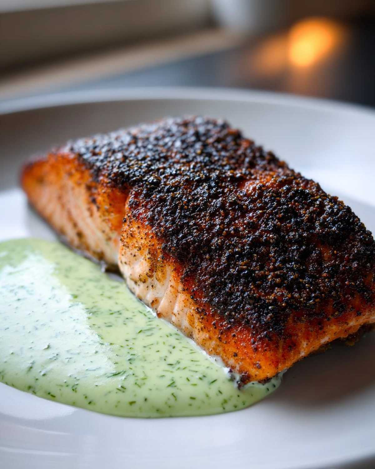 Close-up of a perfectly cooked blackened salmon fillet resting on a pool of creamy green dill sauce.